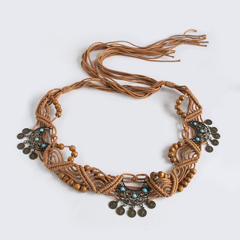 Bohemian Waist Belt Ethnic Style Handwoven With Coin And Moon Details For Vacation Wear