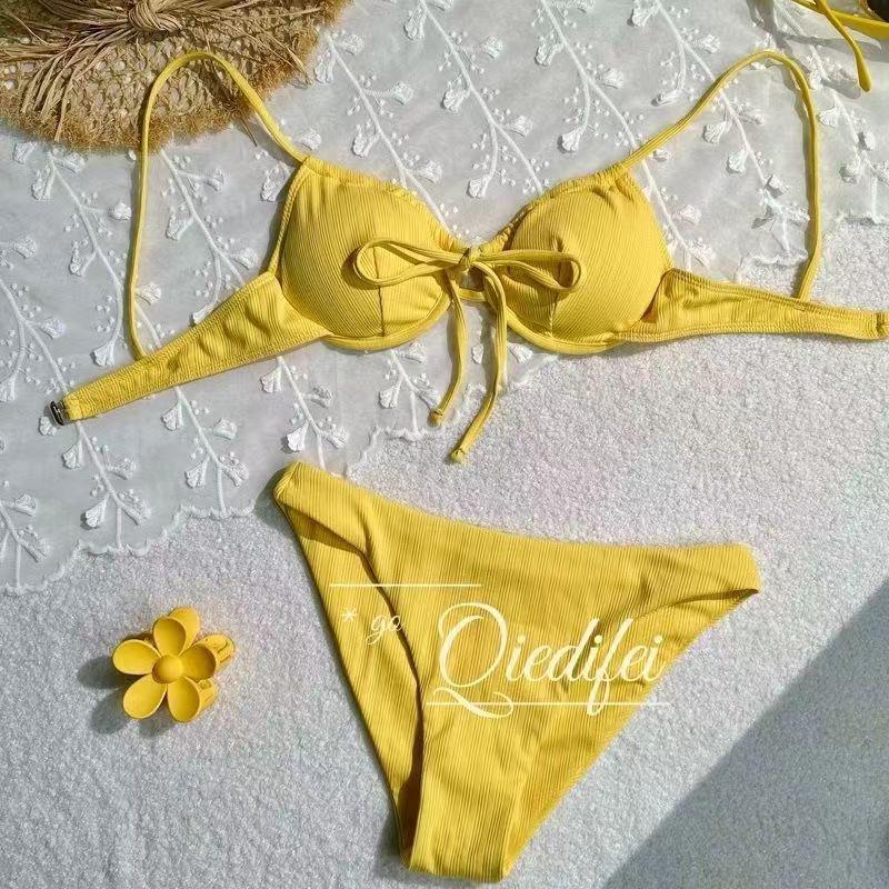 Lemon Yellow Three-Piece Bikini Set - Trendy Xiaohongshu Style for Women, Perfect for Sexy Vacation Photos