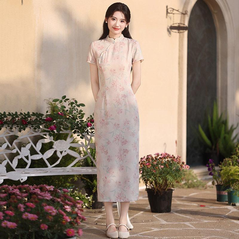 Pink national style new Chinese style Suzhou daily long cheongsam improved young 1011 new women's high sense summer