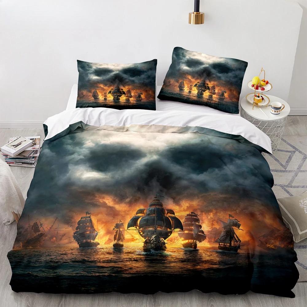 Vintage Segelboot König Königin Bettbezug Nautisches Ozean Bettwäscheset Für Teenager Erwachsene Schiff Feuer Schwarz 2/3tlg. Polyester Steppdeckenbezug