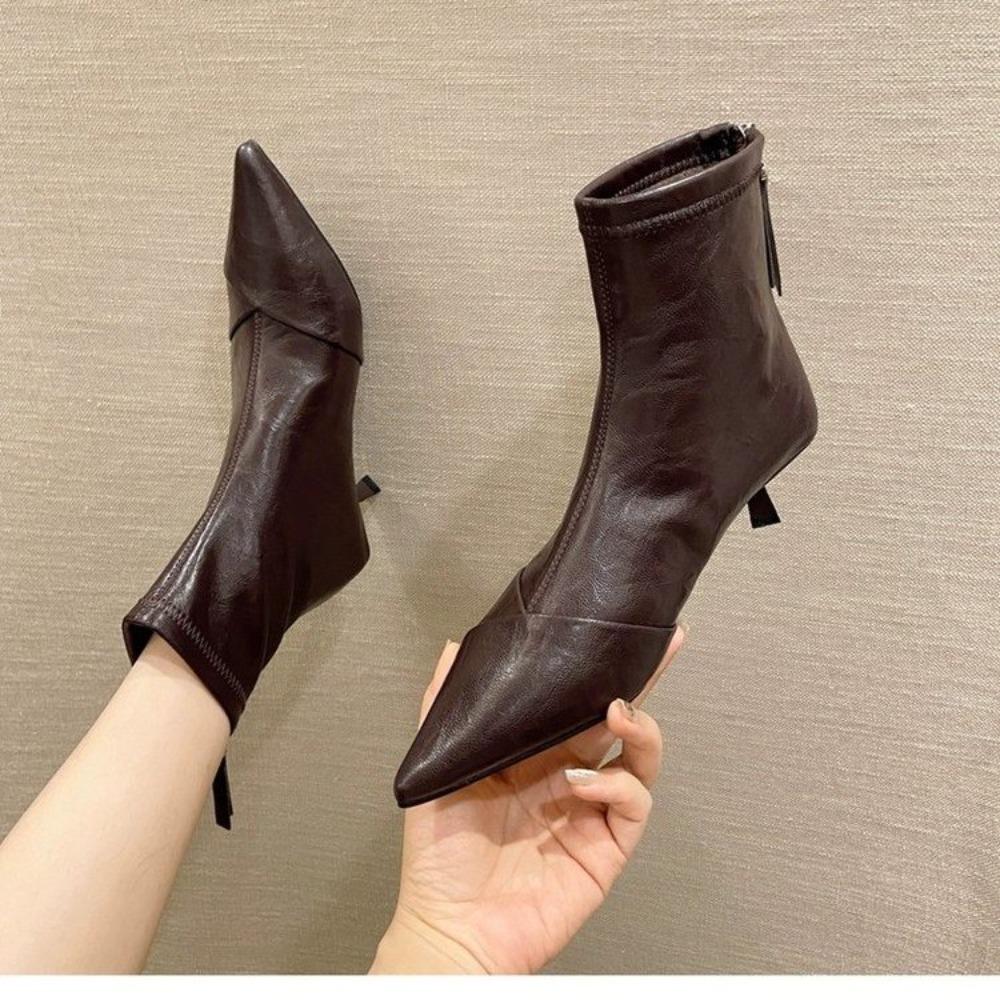 Pointed Toe Ankle Boots Women Fashion Side Zippers Short Boots Female Slim Thin High Heel Winter Women's Short Plush Footwear