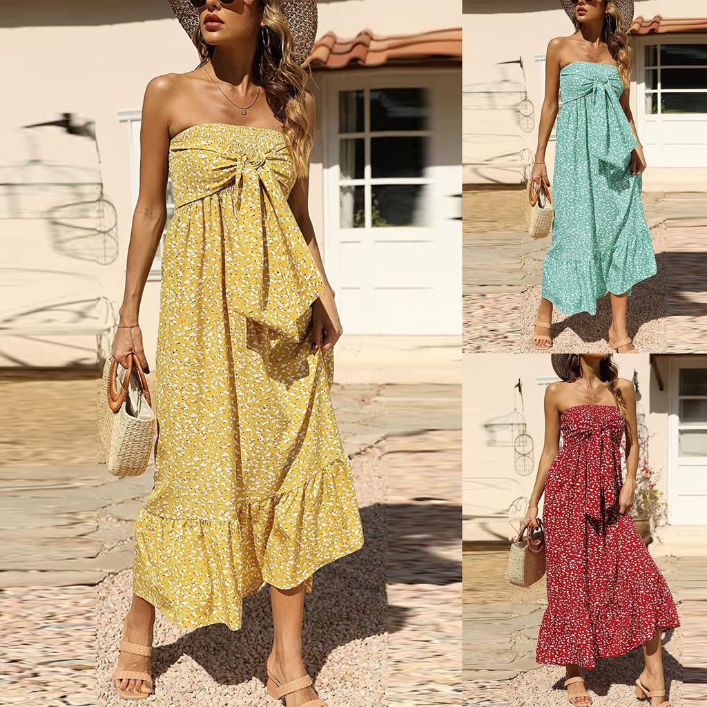 Women's Fashion Bohemian Floral Off-The-Shoulder Strapless Pleat Top Holloway Beach Holiday Dress