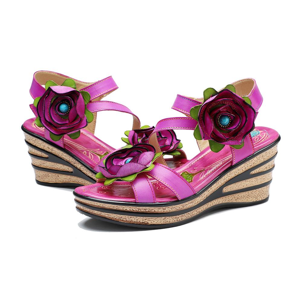 Johnature Vintage-Blumen-bequeme Sommer-Wedges-Sandalen aus echtem Leder, handgefertigt, ethnischer Stil, Damenschuhe