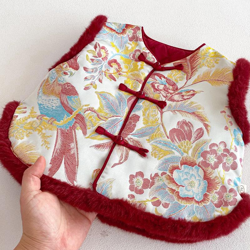 2025 Children's Chinese New Year Retro Jacquard Padded Vest – Winter Outfit for Girls