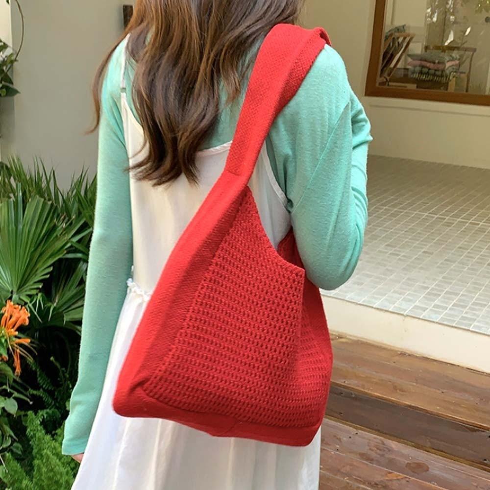 Sweet Knitted Tote Bag Breathable Seaside Vacation Handbag Trendy Crochet Shoulder Bag  Spring