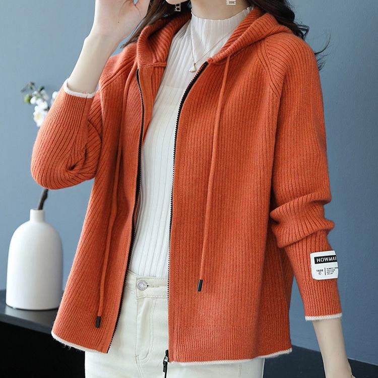 Knitted Hoodie Women's Spring and Autumn Solid-color Short Knitted Sweatshirt Hooded Zipper Sweater Cardigan Baseball Jacket