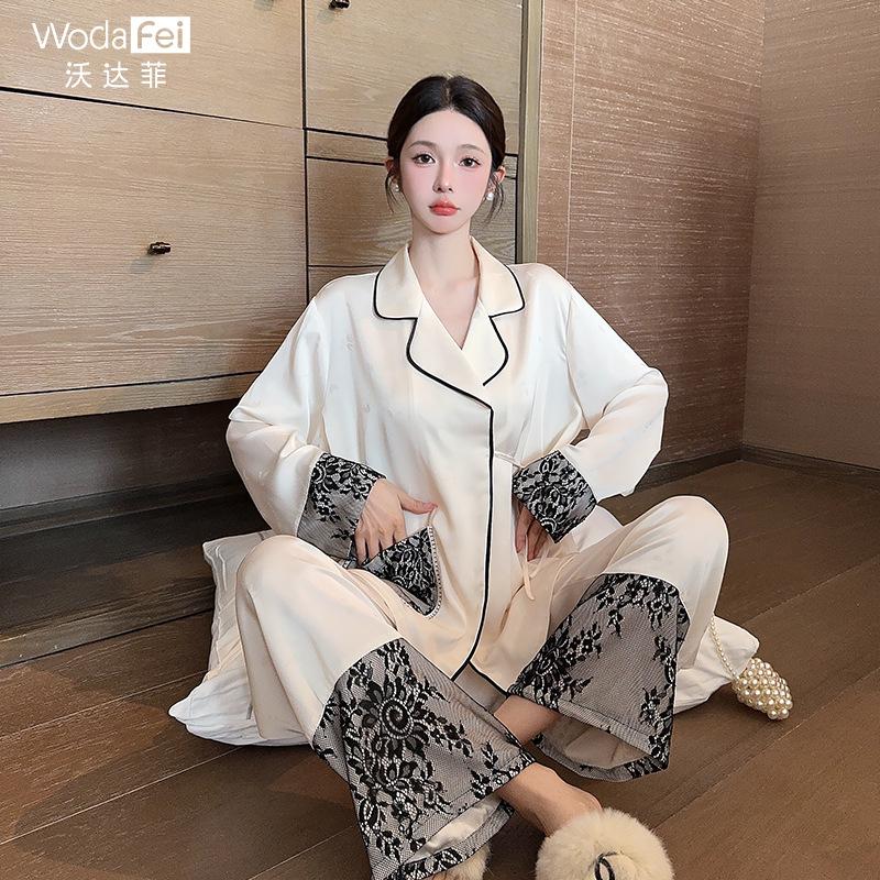New Chinese style lace long-sleeve pants can be worn out, loungewear, new high-end ice silk pajamas for spring and autumn
