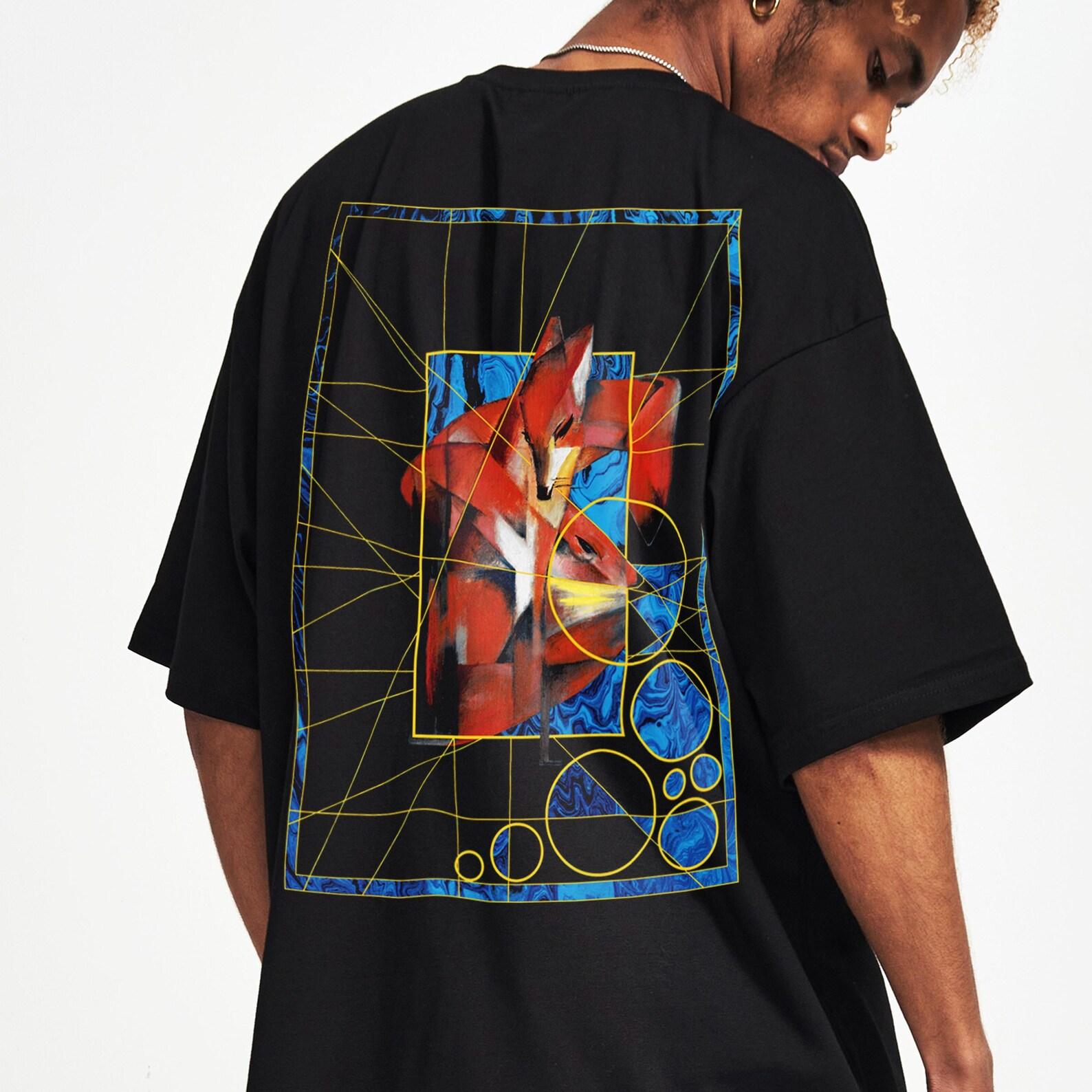 Premium Quality Art Deco Fox Shirt: Embroidered Geometric Design, Oversized Cotton Tee 4XL