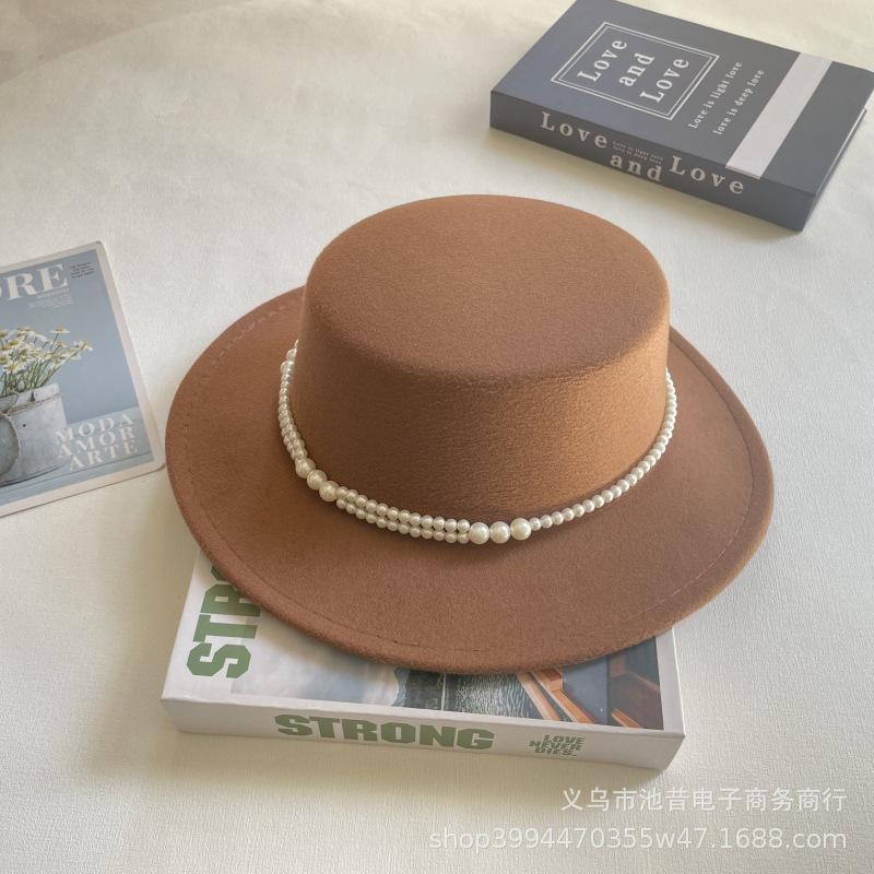 Pearl Chain Flat Top Top Hat Women's Autumn and Winter Warm Woolen Felt Hat Celebrity Retro British Small Fragrant Shopping Fashion Hat