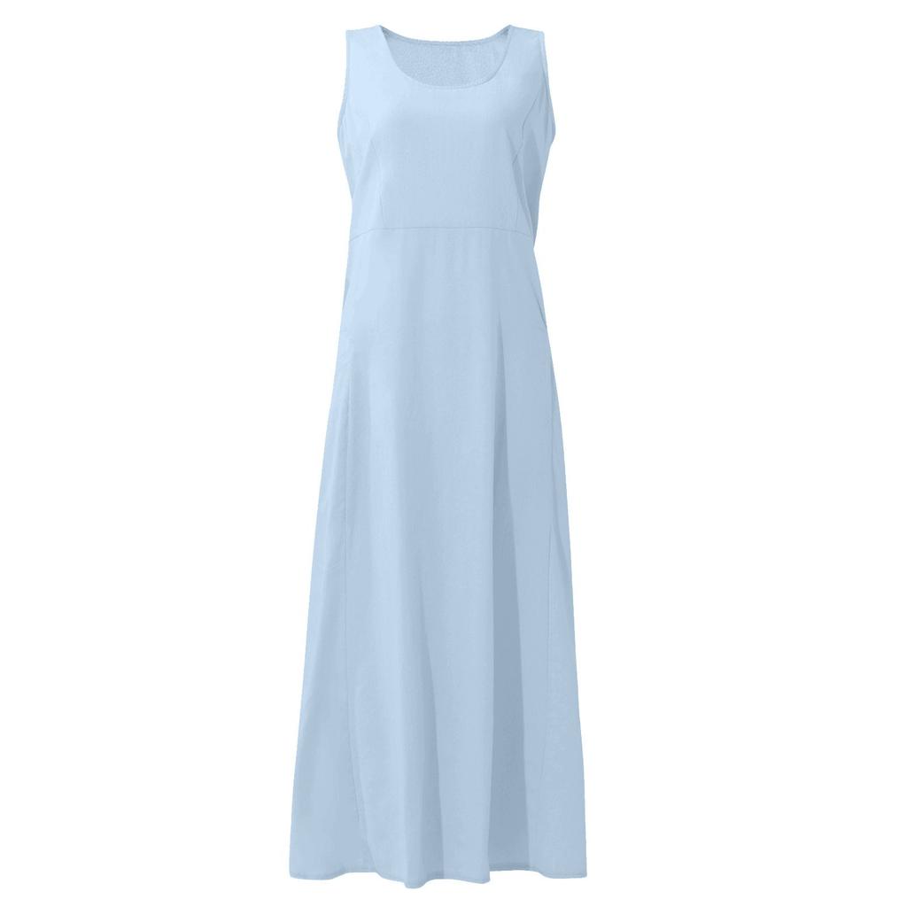 Women's Fashion Casual Colour Sleeveless Cotton Linen Pocket Dress