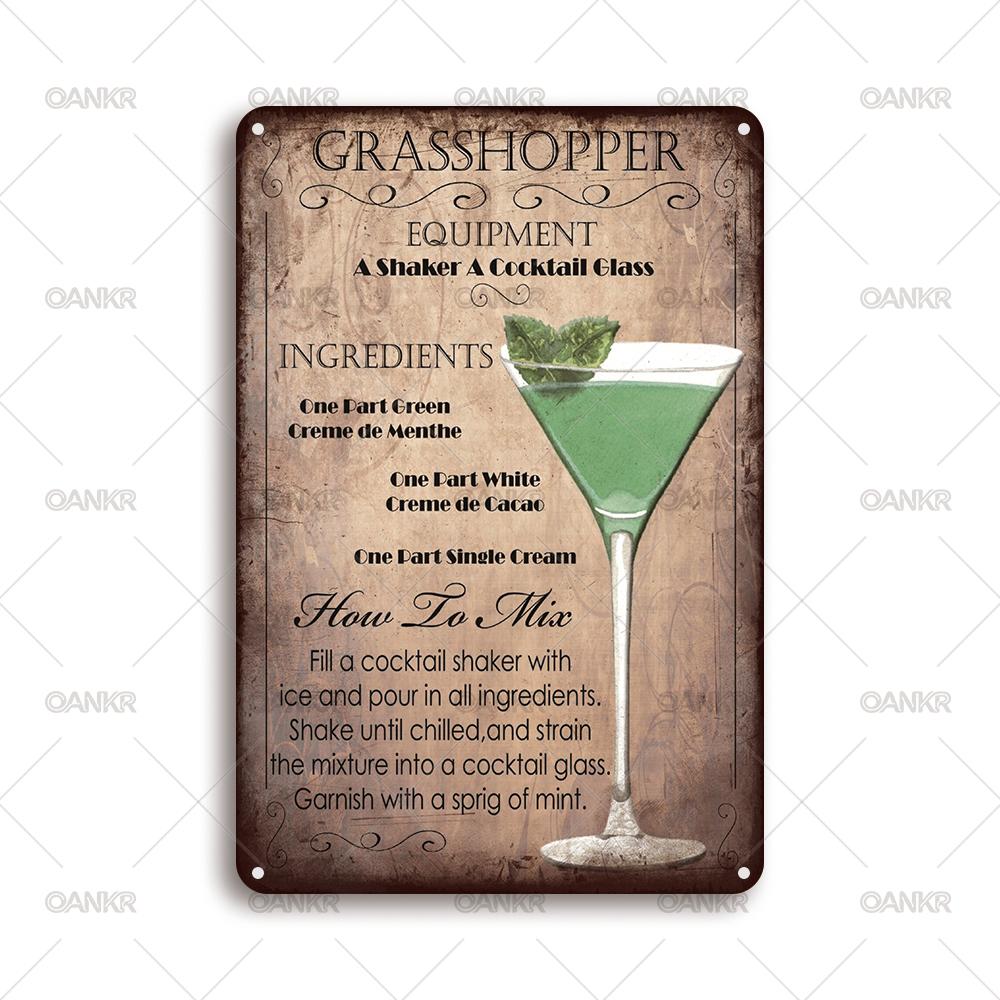 Vintage Art Cocktail Poster Metal Tin Sign Grasshopper Cocktail Recipe Guide Retro Metal Signs for Home Pub Bar Decor Plaque 20x30cm(7.8x11.8inch)