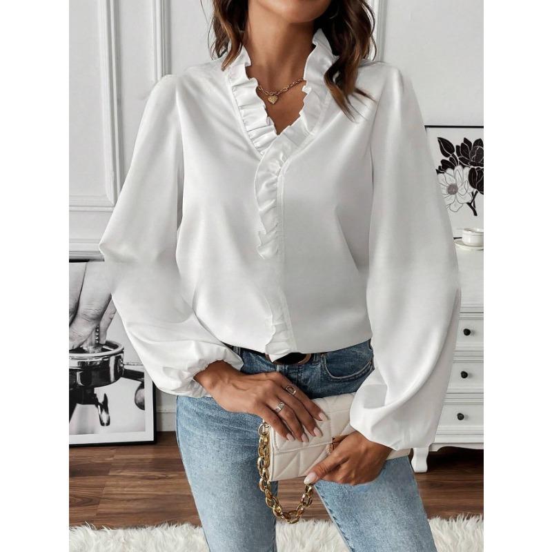 Dámská móda Ležérní jaro podzimní jednobarevné halenky a košile s dlouhým rukávem a výstřihem do V