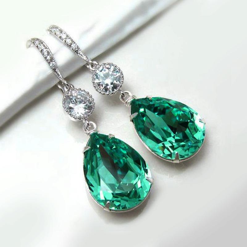 Large Pear Cut Green Gem with Halo Round Zircon Dangle Drop Earrings