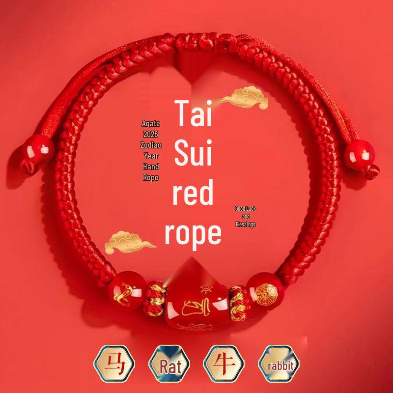 2026 Year of the Horse Zodiac Red Rope Bracelet - Women's/Men's Tai Sui Protective Charm for Horse, Rat, Ox, Rabbit Signs