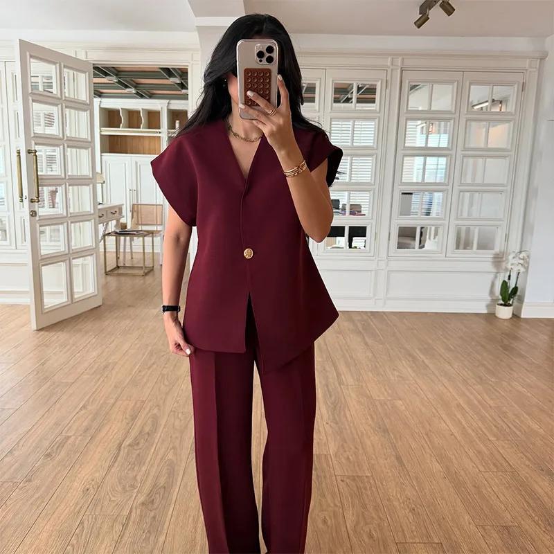 Casual 2 Piece Pants Sets Women Solid One Button Blazer Zippers High Waist Pleat Wide Trousers 2025 Spring Summer Lady Outfits