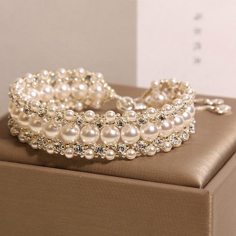 Multi-layer Pearl and Rhinestone Bracelet with Adjustable Pull Cord, Elegant Women s Jewelry for Wedding & Evening Wear L белый