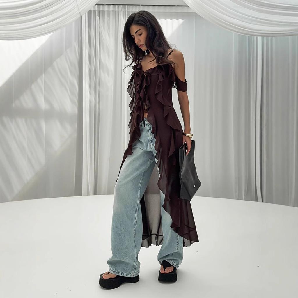 Xiecha sexy Trägerkleid, Europäisches und Amerikanisches Sommer-Neues V-Ausschnitt-Trägerkleid mit Lotosblatt-Saum für Damen