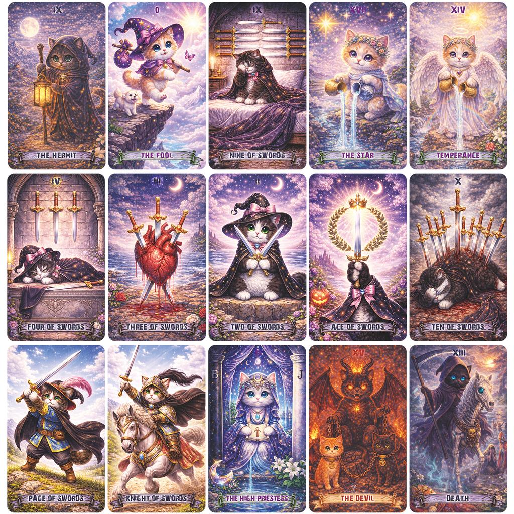 78 Rider-Waite Style Tarot Cards, Featuring Magical Cat Illustrations, Designed for Intuitive Reading and Perfect for Beginners.