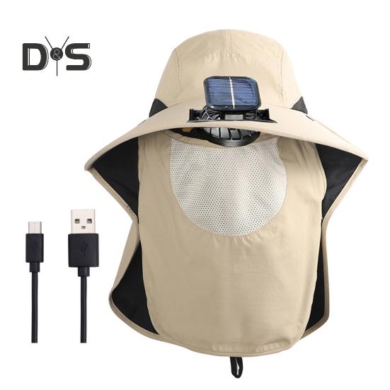 Men's Sun Hat Outdoor Hiking Sun Protection Cap with Solar And USB Powered Fan Wide Brim Fishing Hat with Neck Flap for Men Women