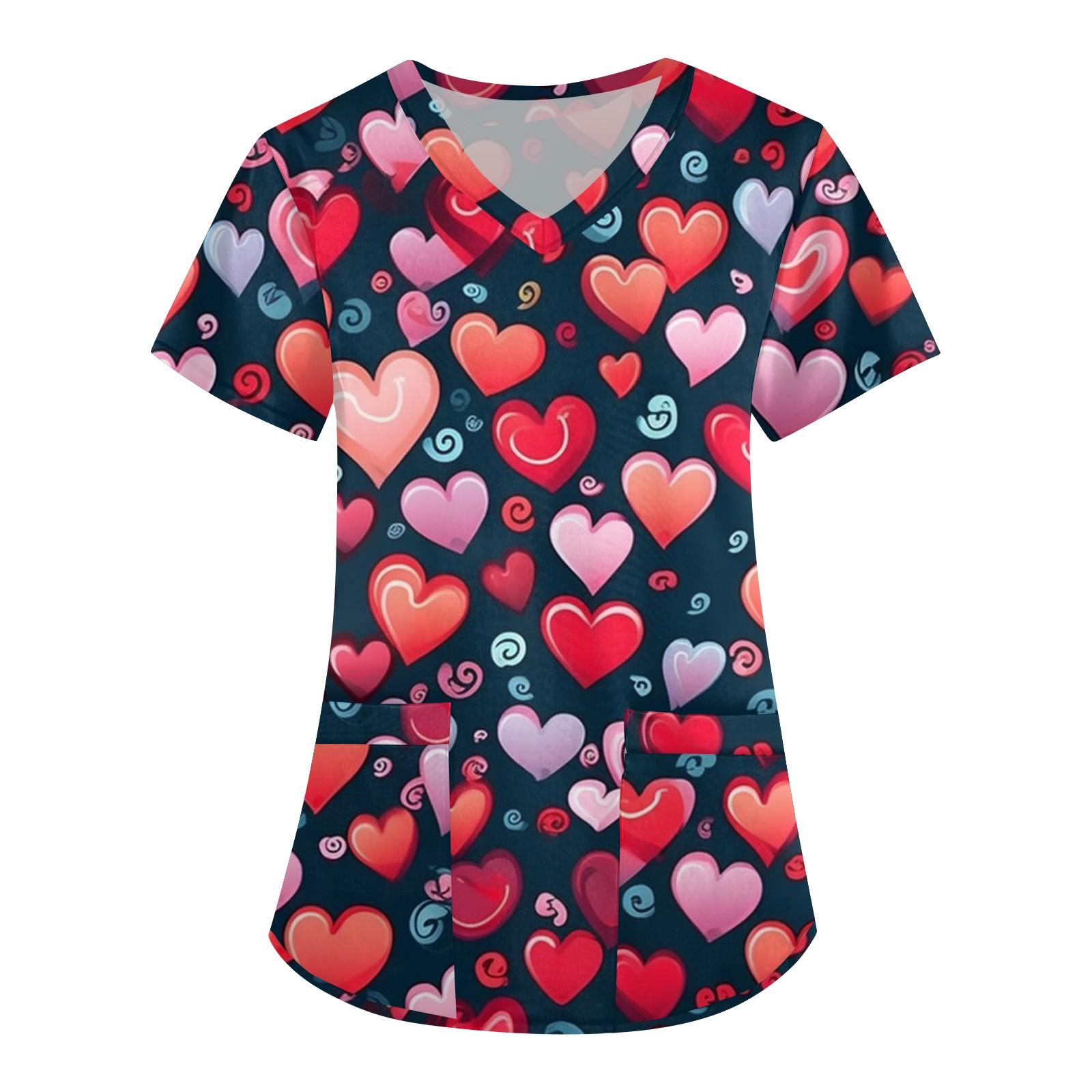 

Женская мода, рабочая одежда с v-образным вырезом, короткими рукавами и карманами, топы с принтом ко Дню святого Валентина L чёрный