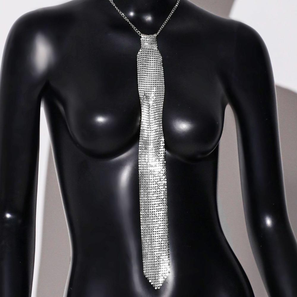 Narrow Crystal Rhinestone Neck Tie Soft Glitter Cravat Shiny Metal Sequin Necktie  Party