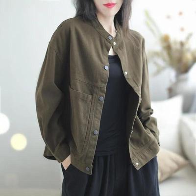 Spring Autumn Coat Pure Cotton Solid Color Jacket for Women's Retro Loose Versatile Fashion Large Pocket Coat Femal