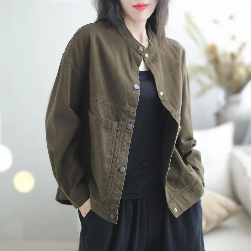 Frühling Herbst Mantel Reine Baumwolle Einfarbig Jacke für Damen Retro Locker Vielseitig Mode Große Tasche Mantel Femal