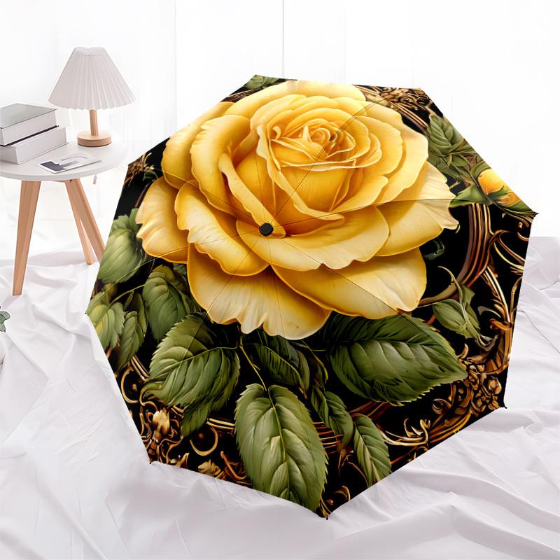 1 Stück Goldene Rose Ornament Regenschirm mit Kunststoffgriff, Geeignet für Alle Jahreszeiten Zuhause Reise Outdoor RegenschirmDD1260