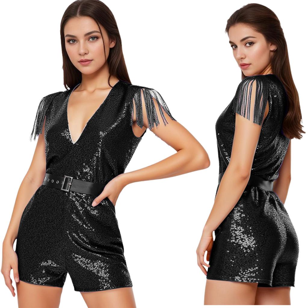 S-3XL Women's Sparkly Sequined Jumpsuit: V-Neck Sleeveless Tassels Thigh Length with Adjustable Belt for Pageant Banquet Wedding Party