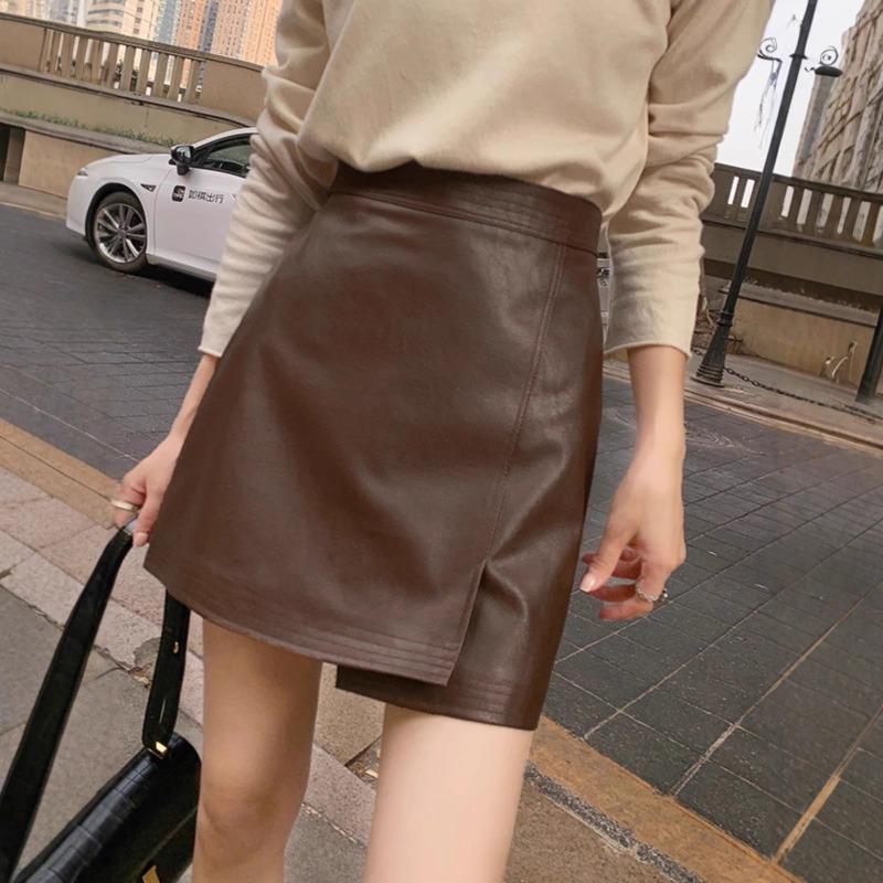Spring new style slit women's A-line high-waisted leather slim fashion skirt half-length skirt with hip-covering skirt