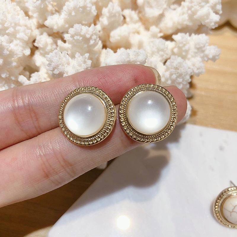 New Vintage Round Marble Opal Stone Big Stud Earrings Women Fashion Temperament Ear Stud Circle Pearls Stone Jewelry