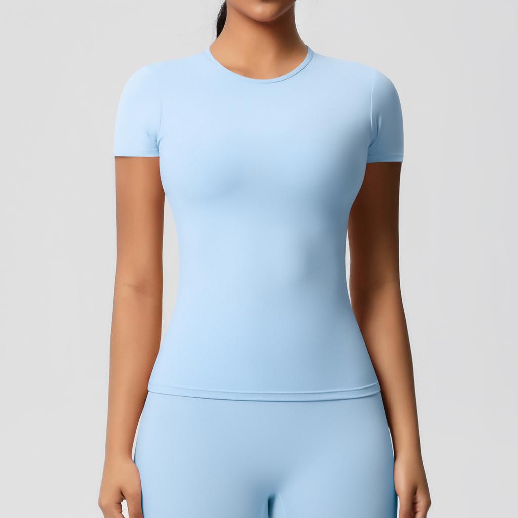 Solid color double-sided abraded tight sports short-sleeved T-shirt sports running fitness yoga clothes top women