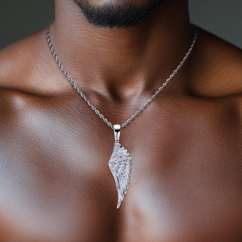 MossanRappr Sparkling Moissanite Iced Out Angel Wing Pendant Gold Plated Trendy Hip Hop Necklace Jewelry Gifts for Men Women