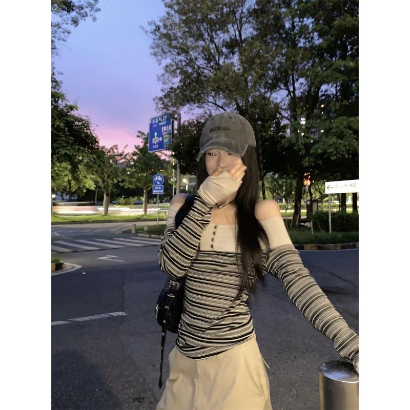 Temperament Contrast Striped Long-sleeved T-shirt for Women Spring New Slim Design One-shoulder Top