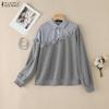 Women Casual Stripe Splice Turn Down Collar Long Sleeve Tee Shirt Blouse