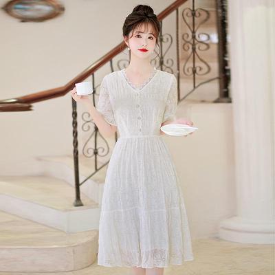 2024 Summer White Slim V-Neck Fairy Lace Dress – Mid-Length, Flattering Fit