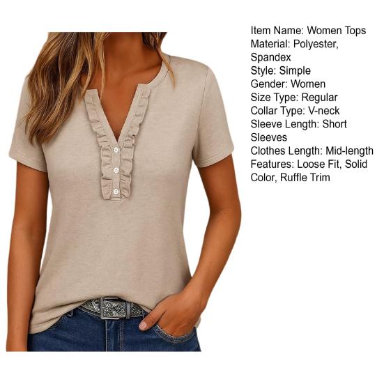 Women Tops V Neck Ruffle Trim Buttons Half Placket Short Sleeve Regular Fit Casual T-shirt Pure Color Summer Tops