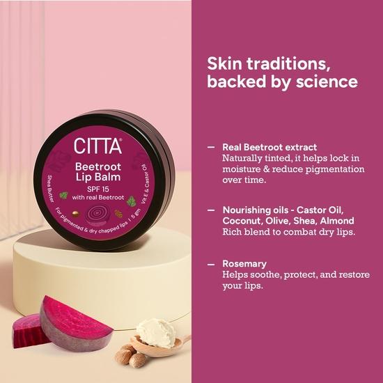 CITTA Beetroot Lip Balm SPF15 With Natural Pink Tint | For Pigmented, Dry Chapped Lips | With Shea Butter, Castor Oil & Vit E  | 5g