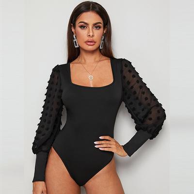 Spring Autumn Slim Fit Black One Piece Overalls Fashion Square Neck Lantern Long Sleeve Tight Bodysuit for Women