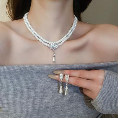 1 Set Faux Pearl Rhinestone Jewelry Women Teardrop Pendant Necklace And Earrings Elegant Beaded Necklace Jewelry for Engagement Wedding Cocktail Party