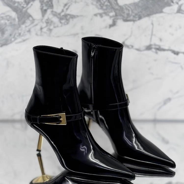 [Spot] Winter Pointed Patent Leather Short Boots for Women, European and American Temperament, Gold Fine Heel Side Zipper, Black High Heels for Women
