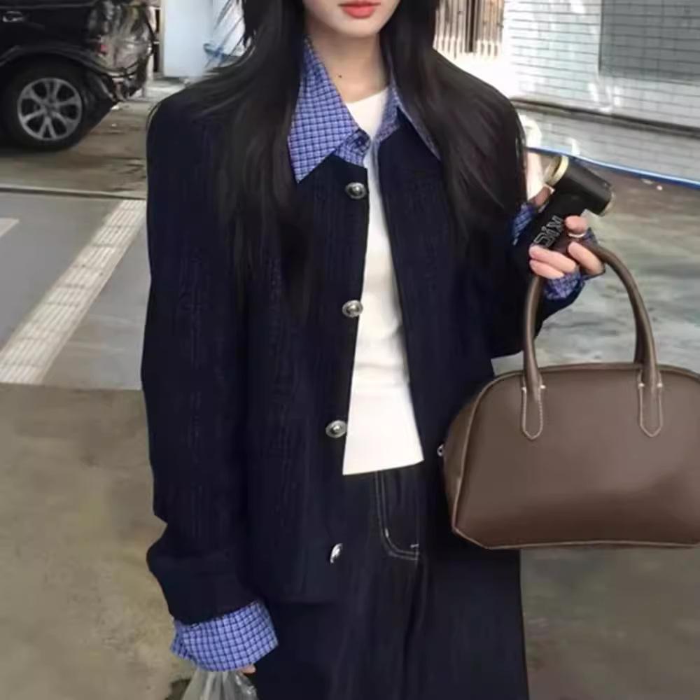 Autumn Korean Fake Two-piece Lapel Small Fragrance Style Versatile Slim Knitted Design Short Jacket for Women