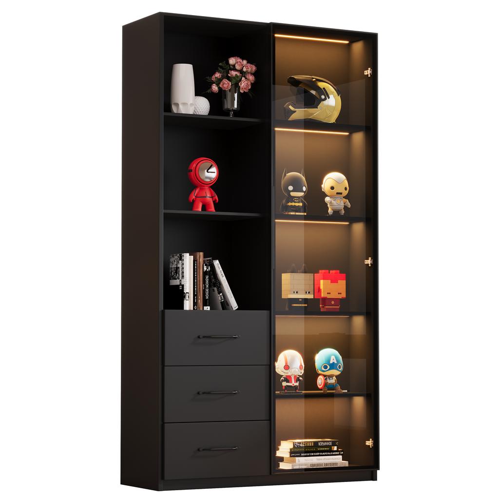 LED Display Cabinet 80 X 40 X 160 Cm - Bookcase with Tempered Glass Door and LED Lighting, 3 Drawers and 3 Open Compartments, Multicolor LEDs
