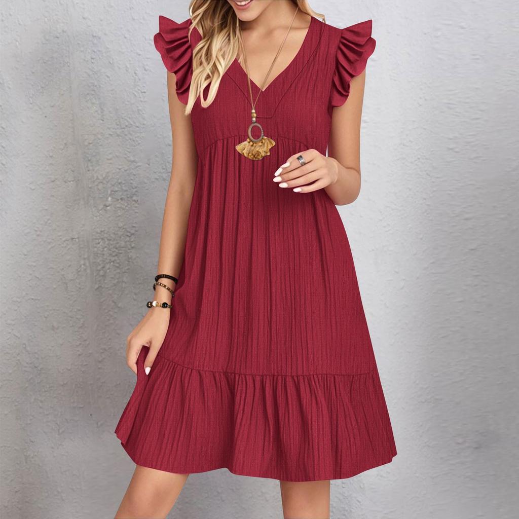 Womens Sleeve Casual V-Neck Pleated Dress Loose Linen Dresses