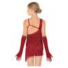Children‘s Sparkly Rhinestone Latin Outfit Sleeveless Asymmetric Neck Sequin Tassel Bodysuit and Mesh Gloves for Stage Performance