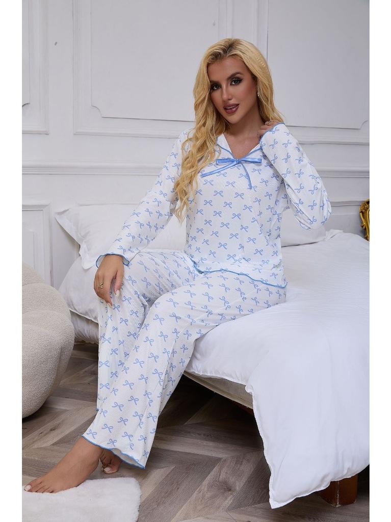 Women's Long-Sleeve Long-Pants Pajama Set with Small Collar Ribbed Texture and Bow