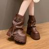 Fashion Women High Platform Ankle Boots Autumn Winter Gothic Style Leather Shoes Buckle Punk Motorcycle Boots Round Toe Chunky Sneakers