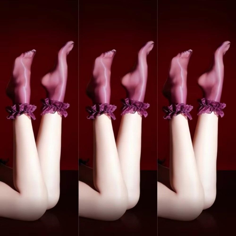 Oil Shiny Sheer Ankle Hosiery Ruffle Trim Floral Ruffle Socks Sexy Lace Cuff Socks For Women