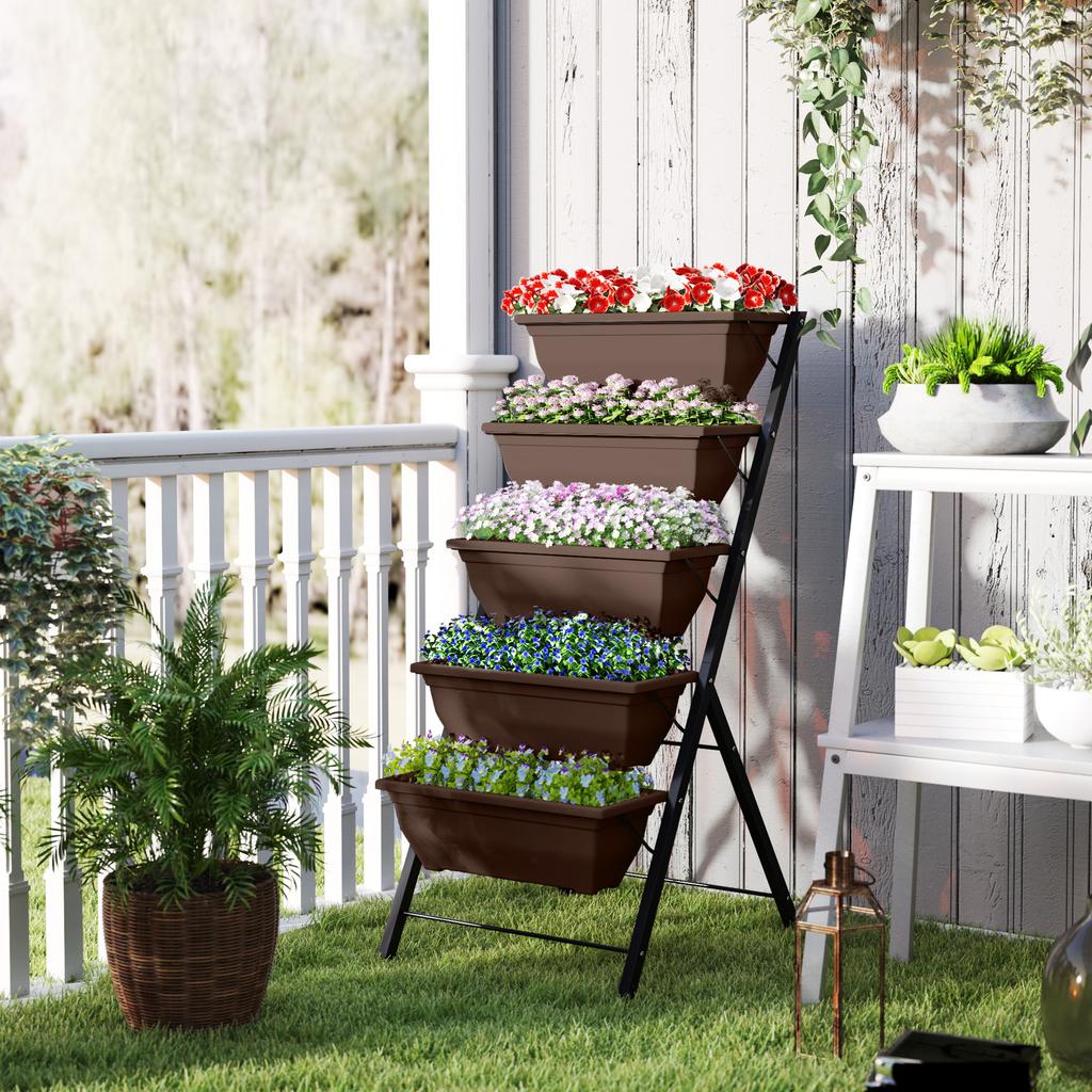 Raised garden bed with tiers, vertical planter, 5 flower boxes, drainage holes, brown steel