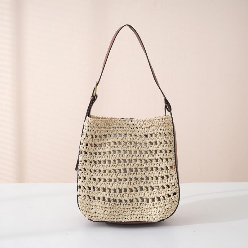 

Hollow Design Woven Women s Beach Bucket Bag Shoulder Purse Handwoven Summer Large Capacity Underarm Handbag бежевый